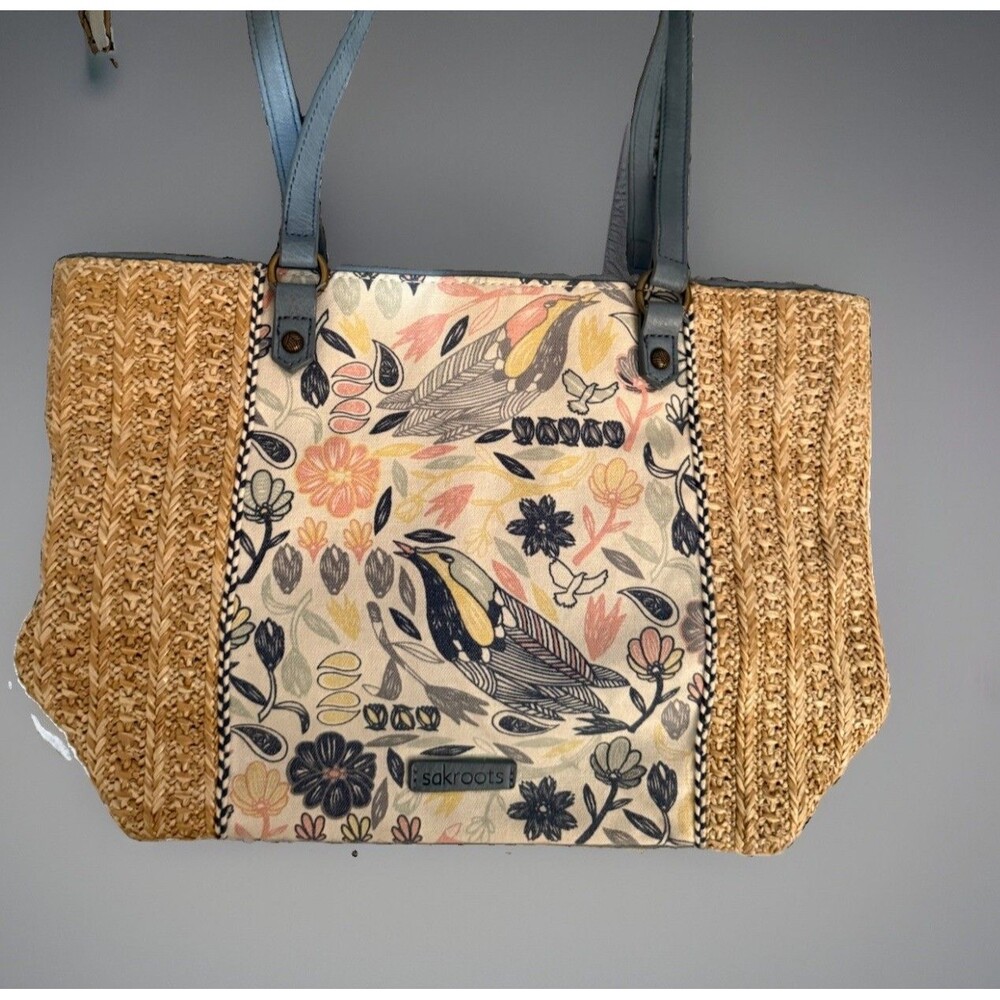 Sakroots Meadow Blue Floral Bird Straw Shoulder Tote Purse
